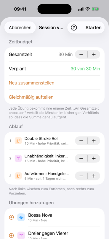 Session vorbereiten: Zeitbudget von 30 Minuten, davon 30 verplant, darunter der Ablauf mit drei Übungen und ihren Minuten sowie Knöpfe zum Neuzusammenstellen.