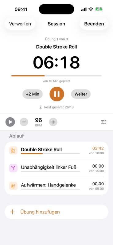 Der Session-Bildschirm mit großem Countdown, Fortschrittsbalken, Metronom-Leiste und dem Ablauf der drei geplanten Übungen.