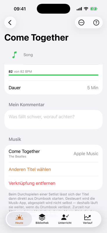 Ein Song in der Bibliothek: „Come Together“ mit 82 von 82 BPM, darunter der Abschnitt Musik mit dem verknüpften Titel „Come Together — The Beatles“ aus Apple Music.