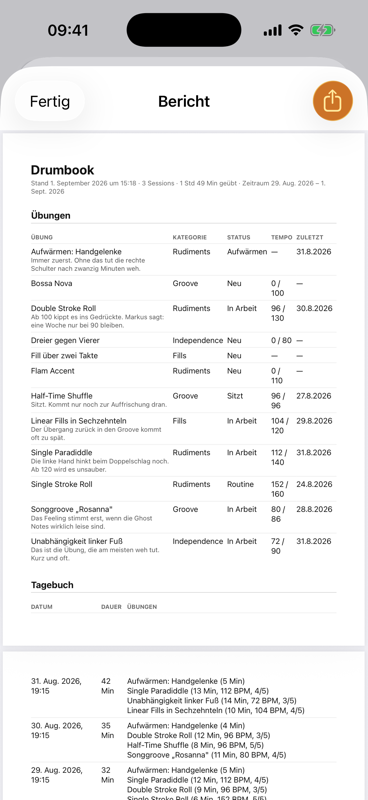 Der Bericht als PDF: Kopfzeile mit Zeitraum, drei Sessions und 1 Stunde 49 Minuten Übezeit, darunter eine Tabelle aller Übungen mit Kategorie, Status, Tempo und letztem Übedatum, gefolgt vom Tagebuch mit jeder Session.