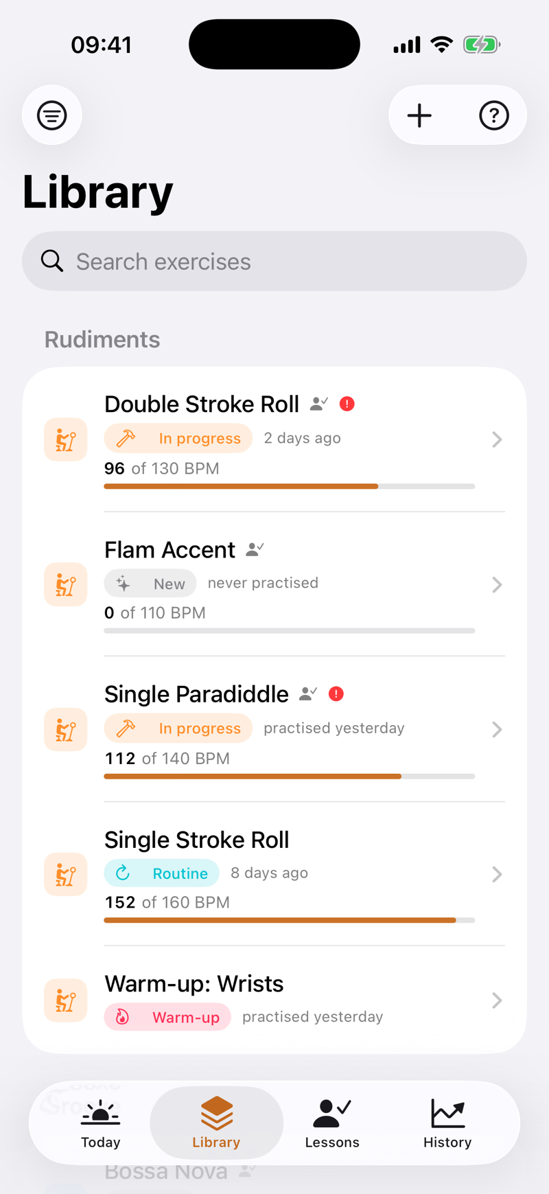 The library sorted by category: rudiments with five exercises, each with its state, when it was last practised and a tempo bar.
