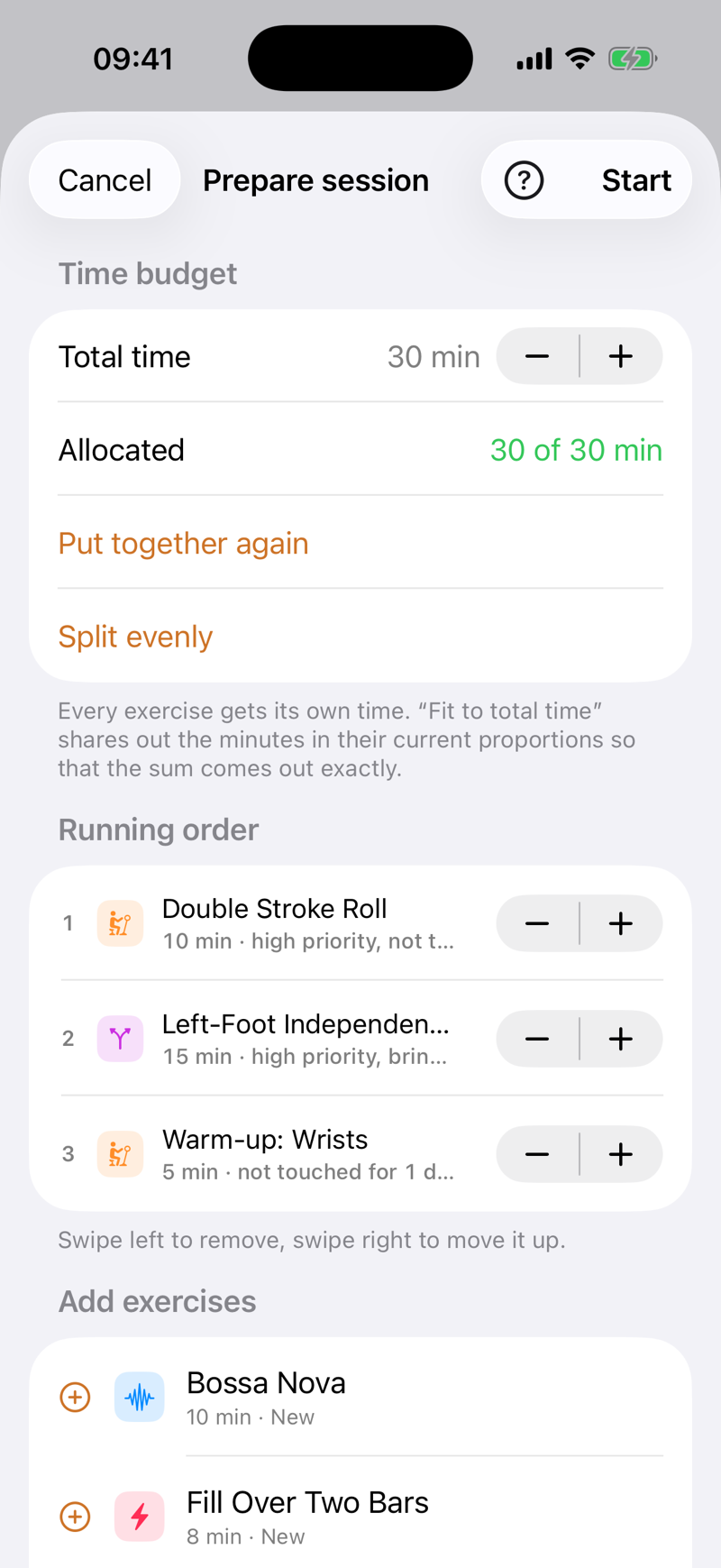 Preparing a session: a 30-minute budget, all 30 allocated, with the running order of three exercises and their minutes below.
