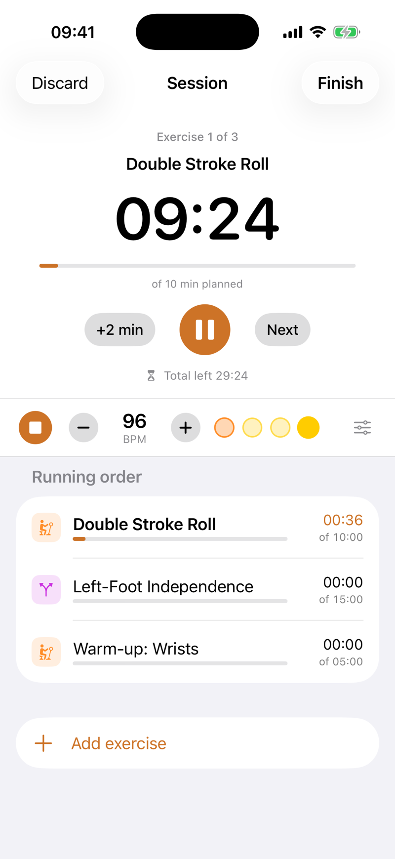 The session screen with a large countdown, progress bar, metronome strip and the running order of three planned exercises.
