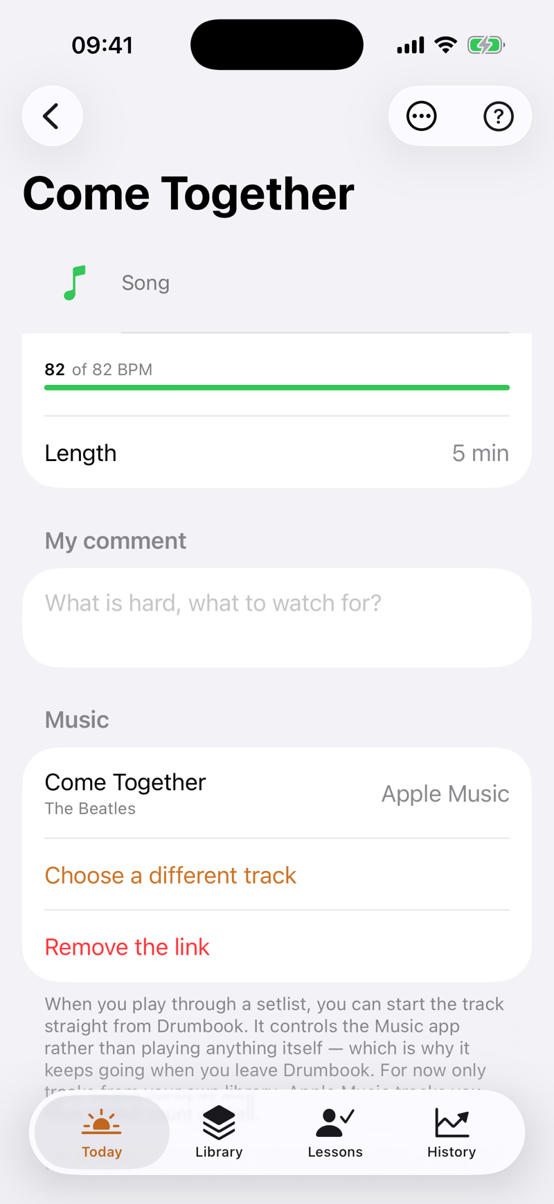 A song in the library: “Come Together” at 82 of 82 BPM, with a Music section below showing the linked track “Come Together — The Beatles” from Apple Music.